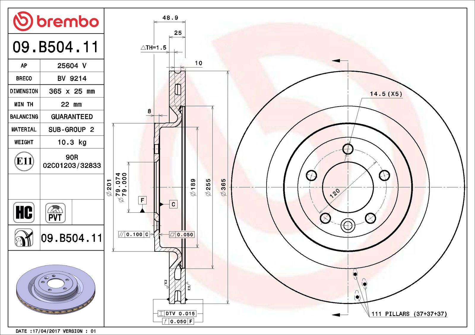 PRIME UV Coated Rear Disc Brake Rotor - 09.B504.11_06