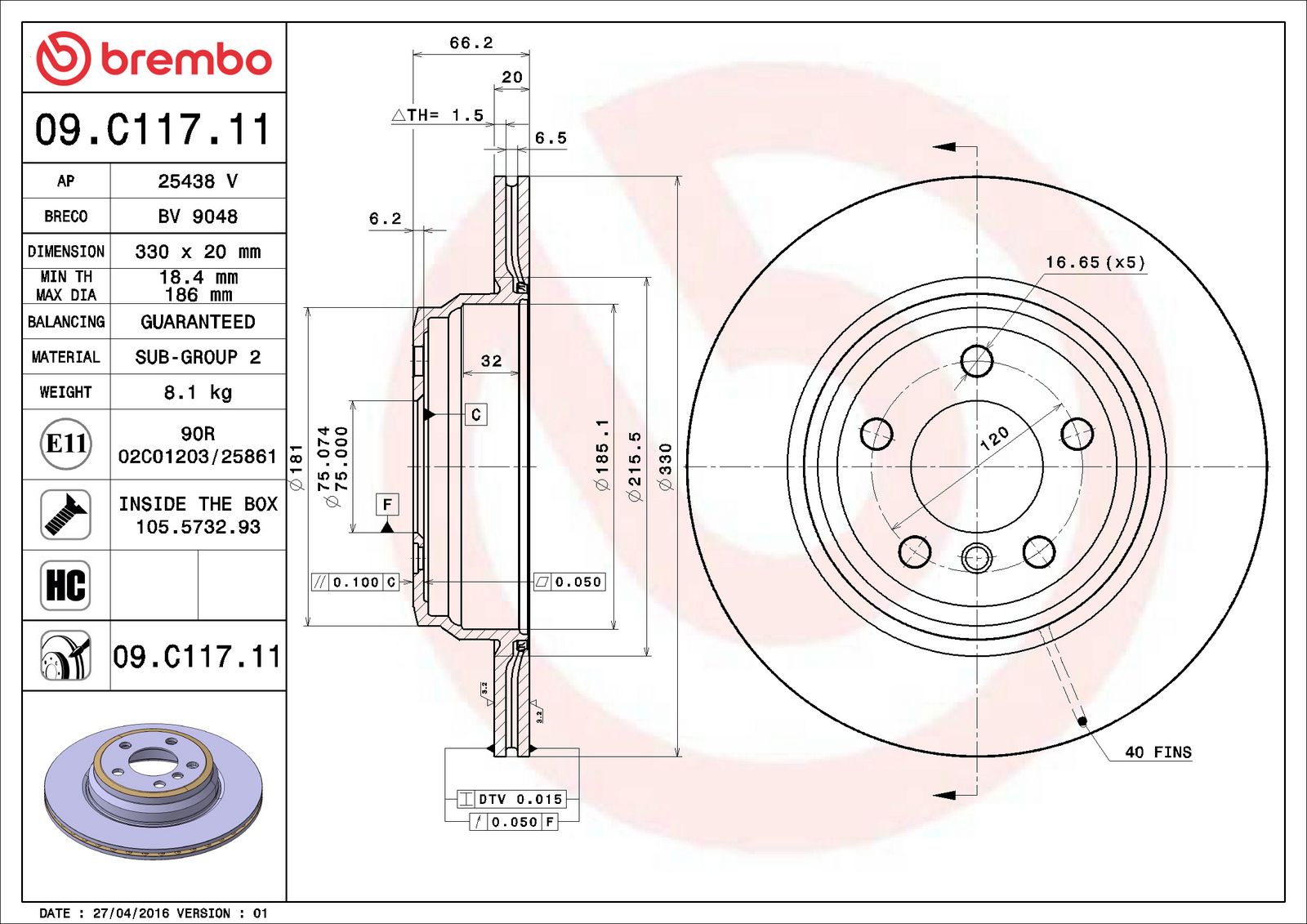 PRIME UV Coated Rear Disc Brake Rotor - 09.C117.11_06