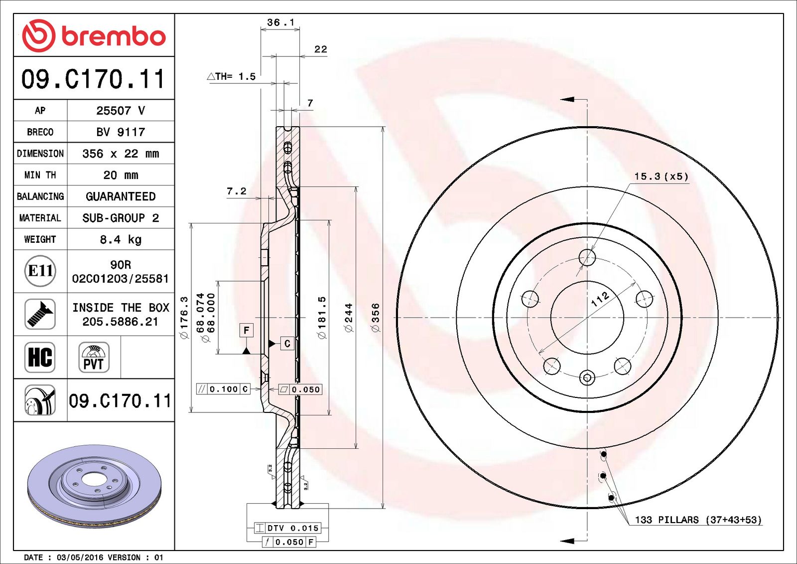 PRIME UV Coated Rear Disc Brake Rotor - 09.C170.11_06