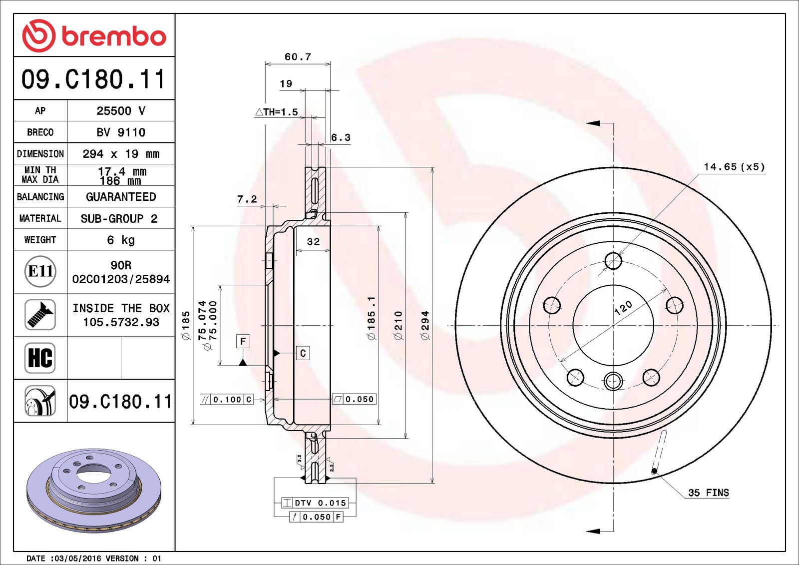 PRIME UV Coated Rear Disc Brake Rotor - 09.C180.11_06