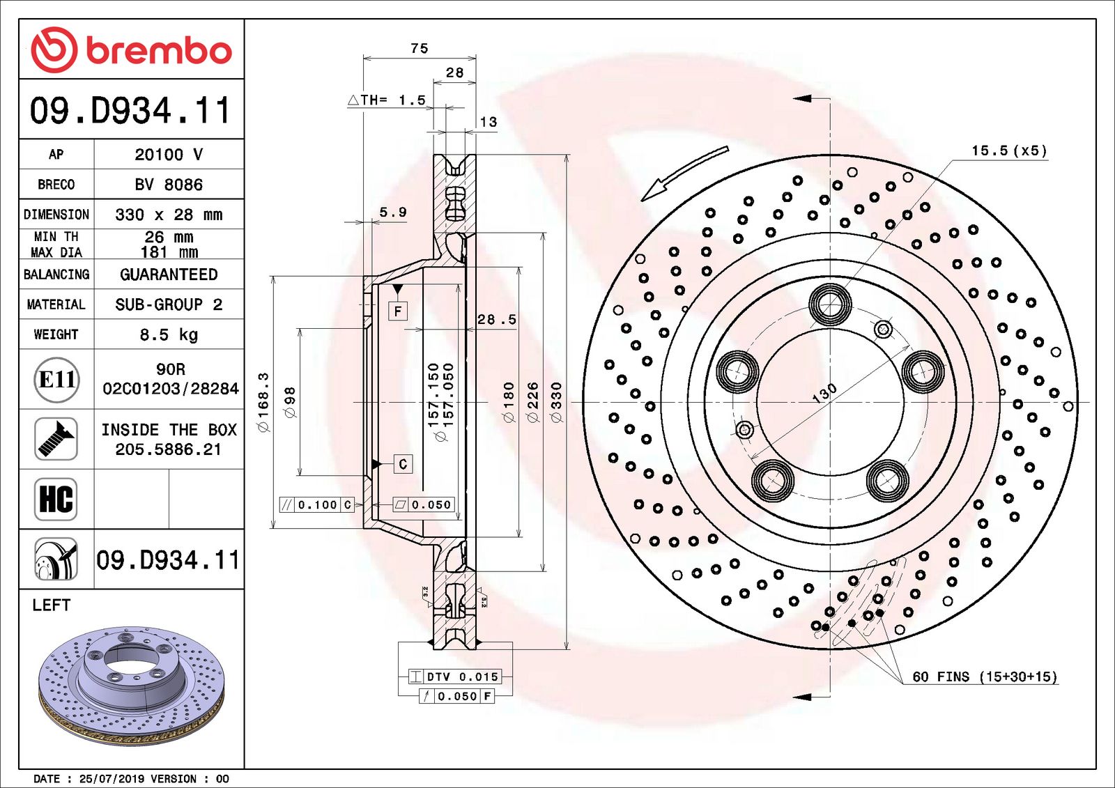 PRIME UV Coated Rear Left Disc Brake Rotor - 09.D934.11_06