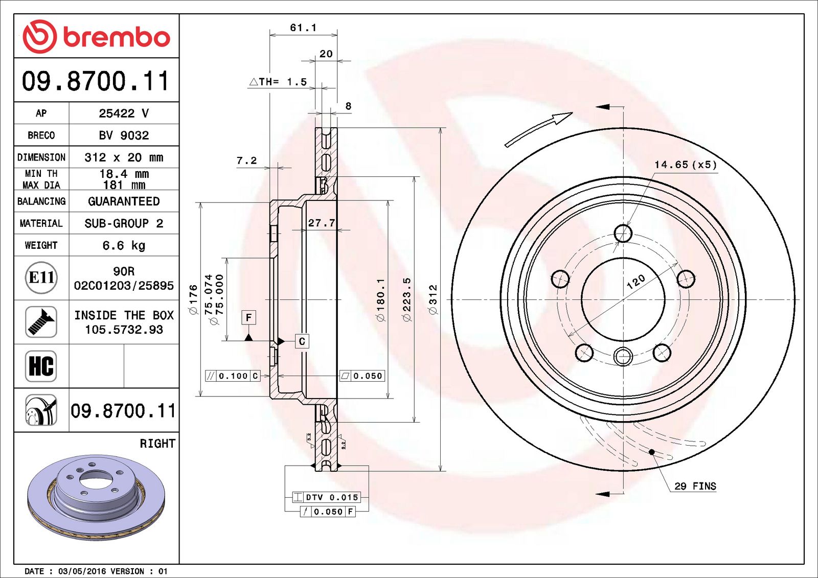 PRIME UV Coated Rear Right Disc Brake Rotor - 09.8700.11_06