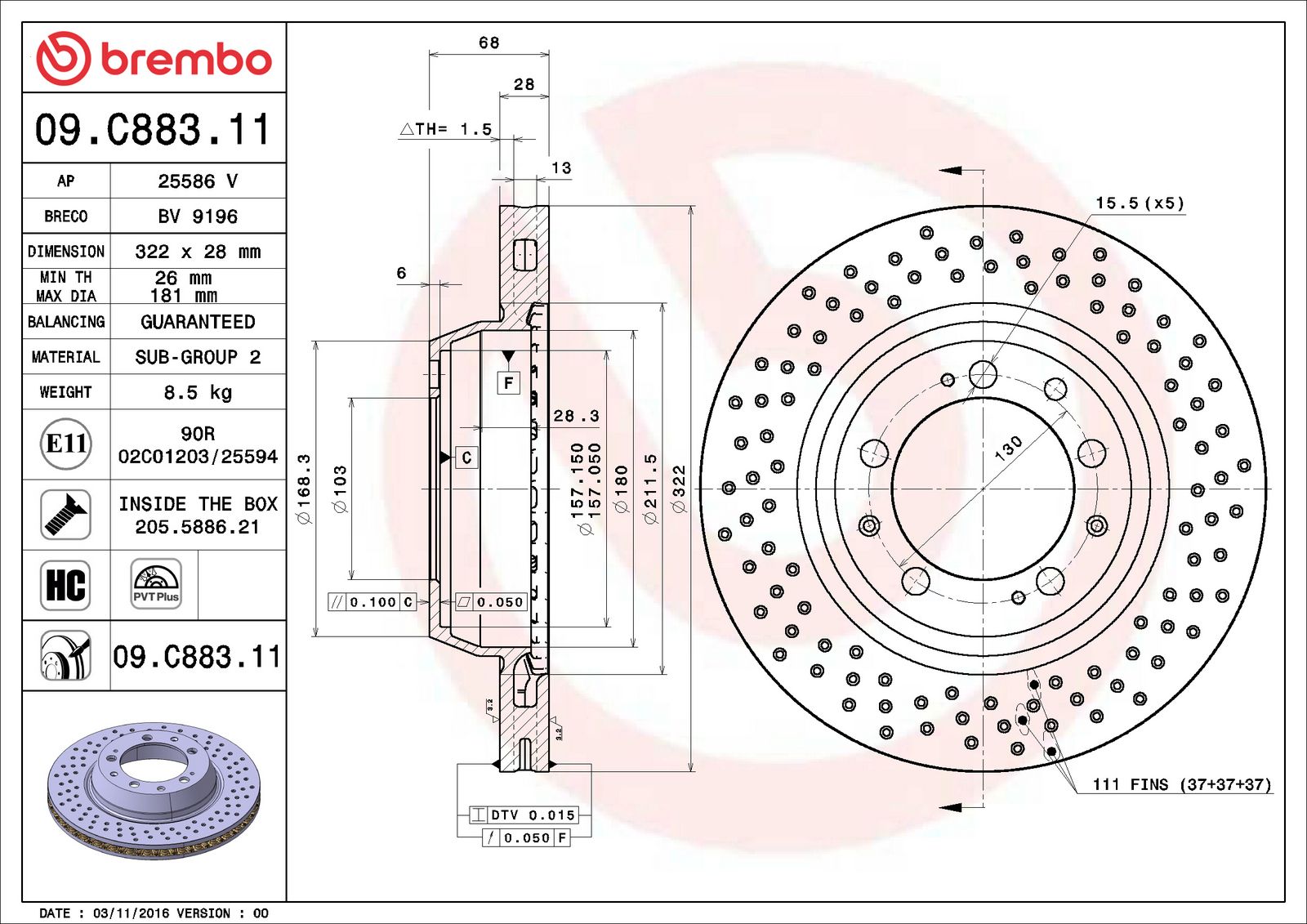 PRIME UV Coated Rear Right Disc Brake Rotor - 09.C883.11_07