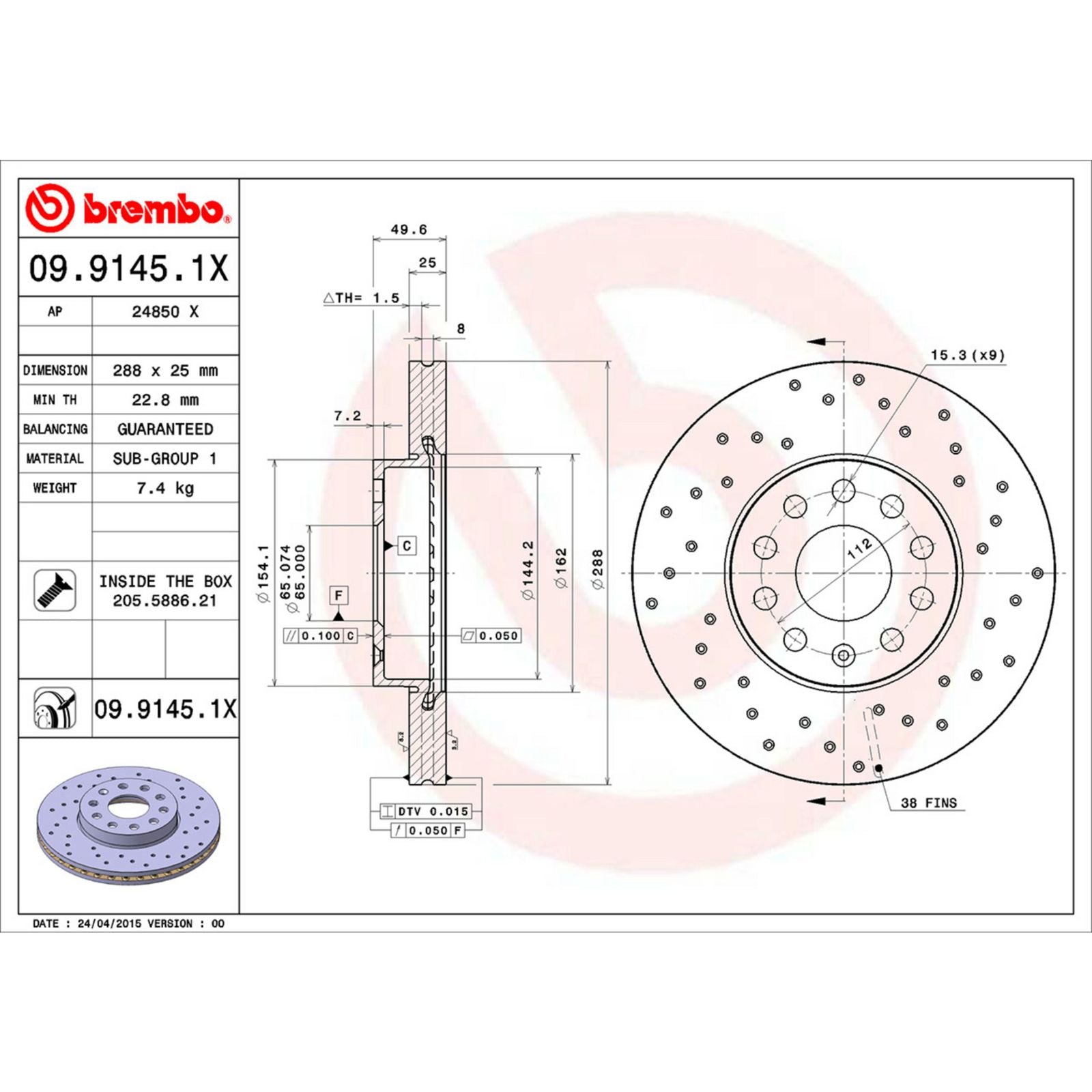 XTRA Drilled Front Disc Brake Rotor - 09.9145.1X_06