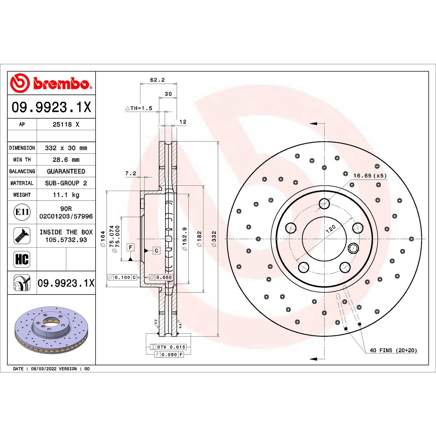 XTRA Drilled Front Disc Brake Rotor - 09.9923.1X_02