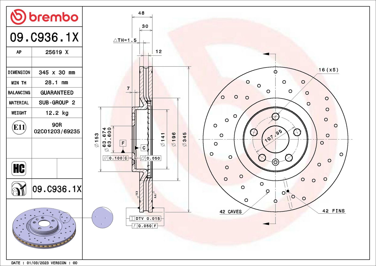 XTRA Drilled Front Disc Brake Rotor - 09.C936.1X_01