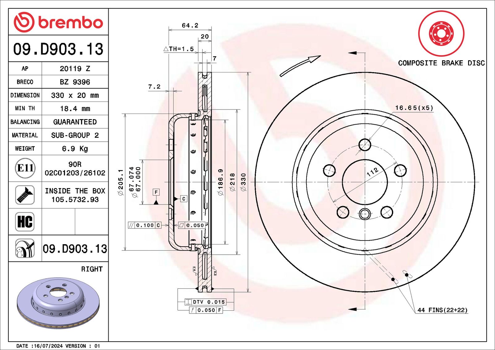 PRIME Composite Rear Right Disc Brake Rotor - 09.D903.13_06