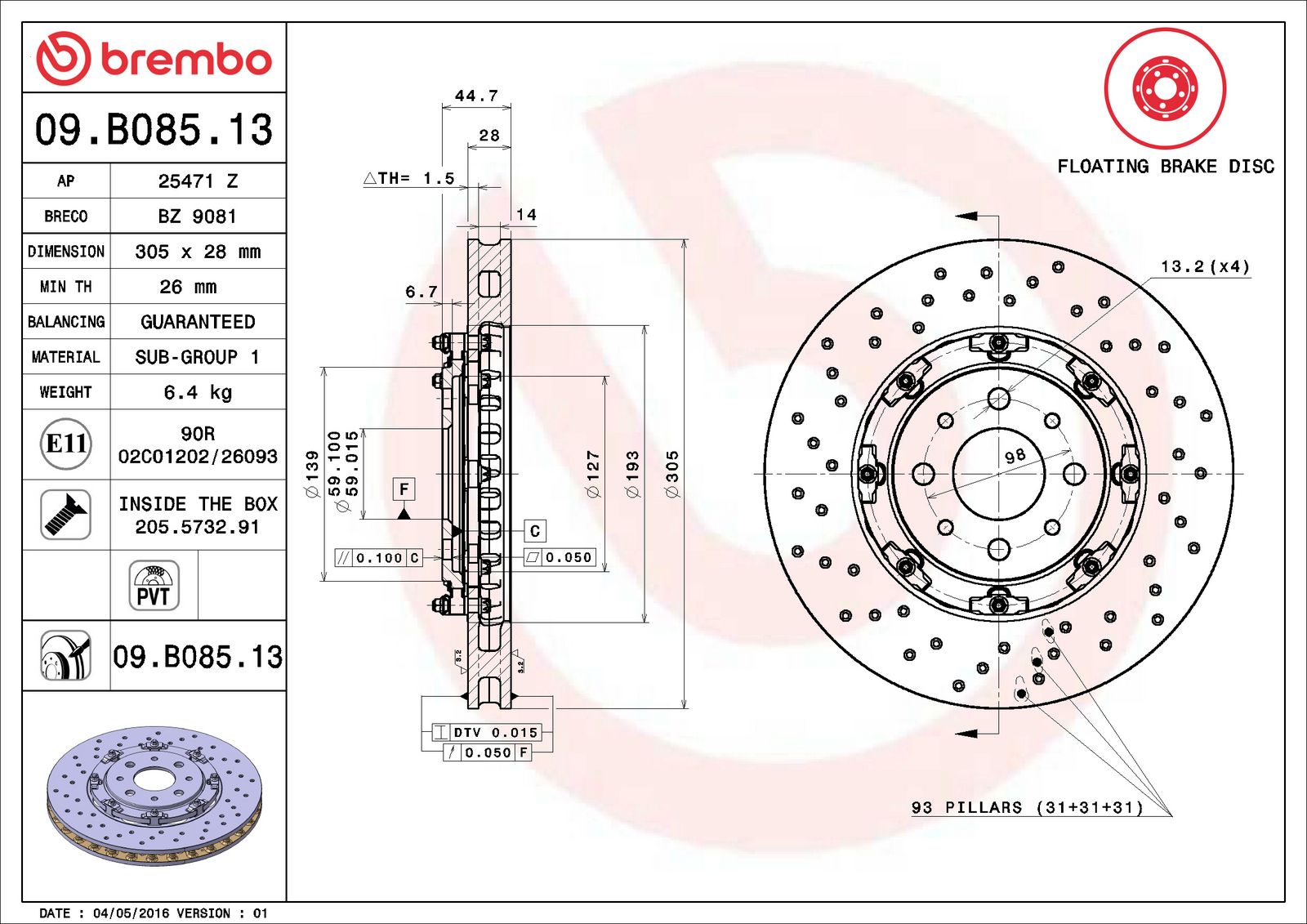 PRIME Floating Front Disc Brake Rotor - 09.B085.13_06
