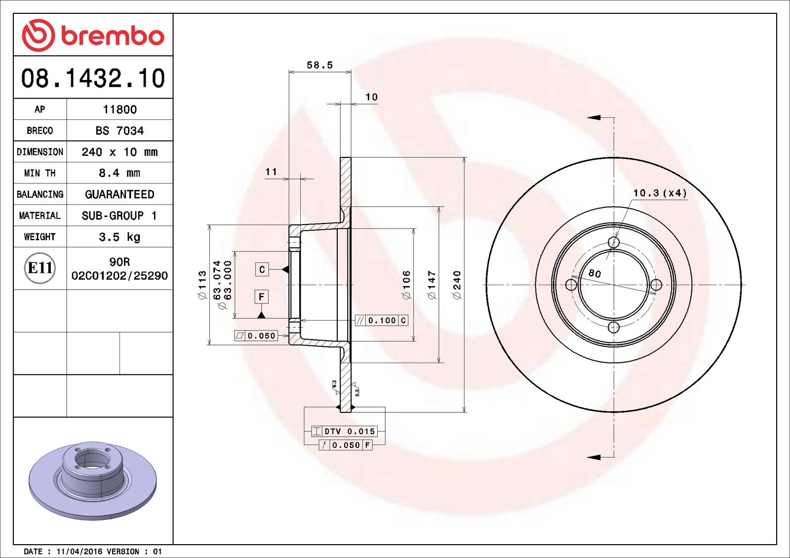 PRIME Front Disc Brake Rotor - 08.1432.10_06