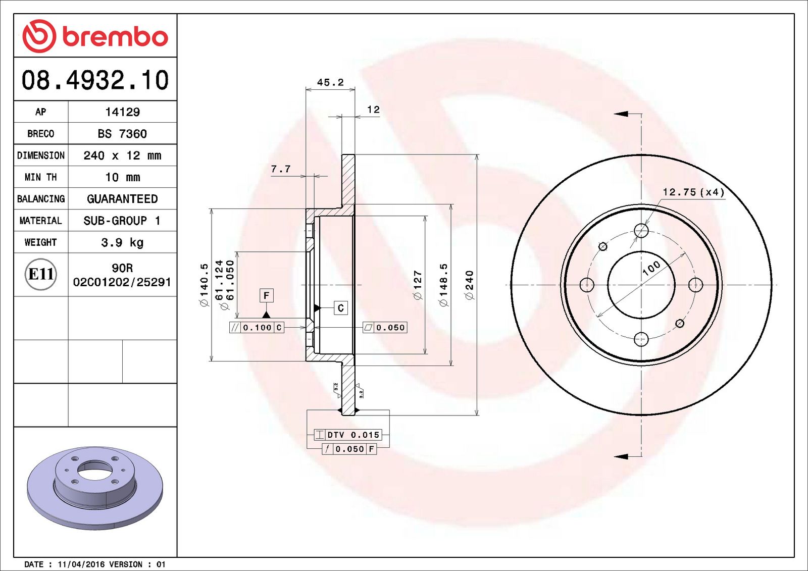 PRIME Front Disc Brake Rotor - 08.4932.10_06