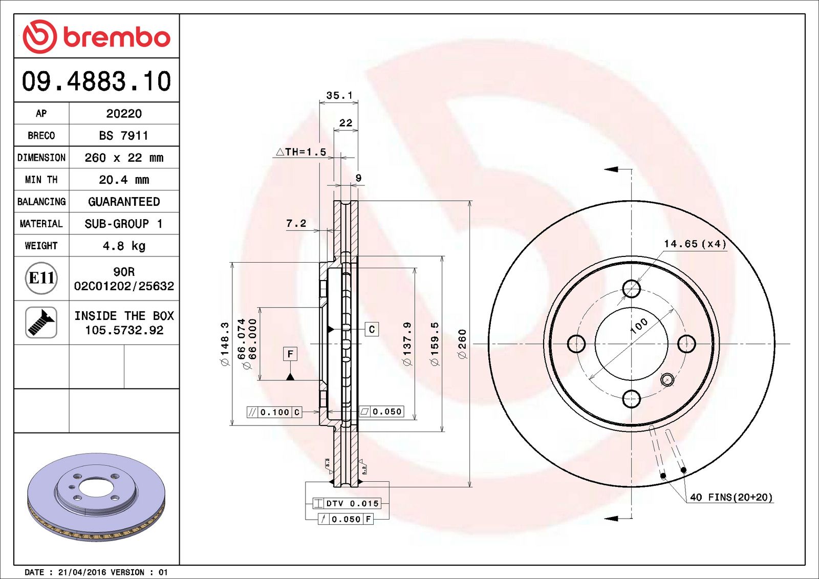 PRIME Front Disc Brake Rotor - 09.4883.10_06