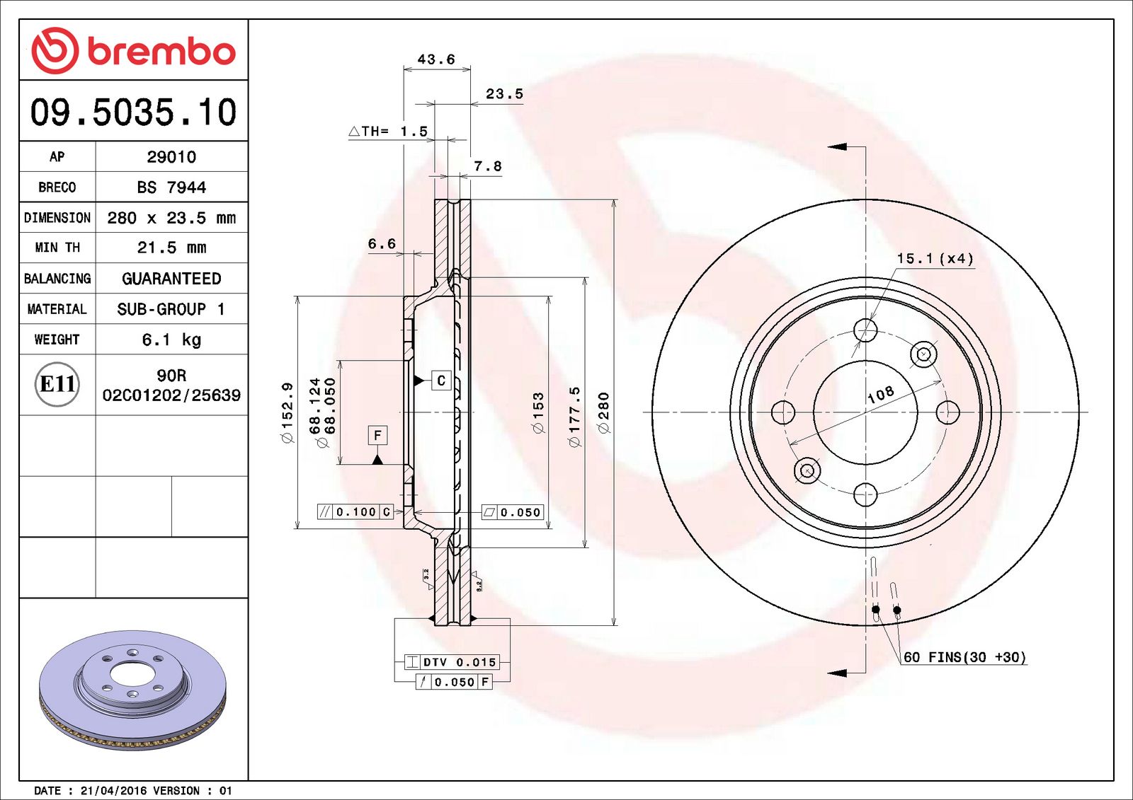 PRIME Front Disc Brake Rotor - 09.5035.10_06