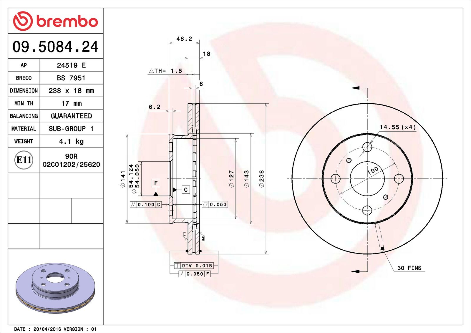 PRIME Front Disc Brake Rotor - 09.5084.24_02