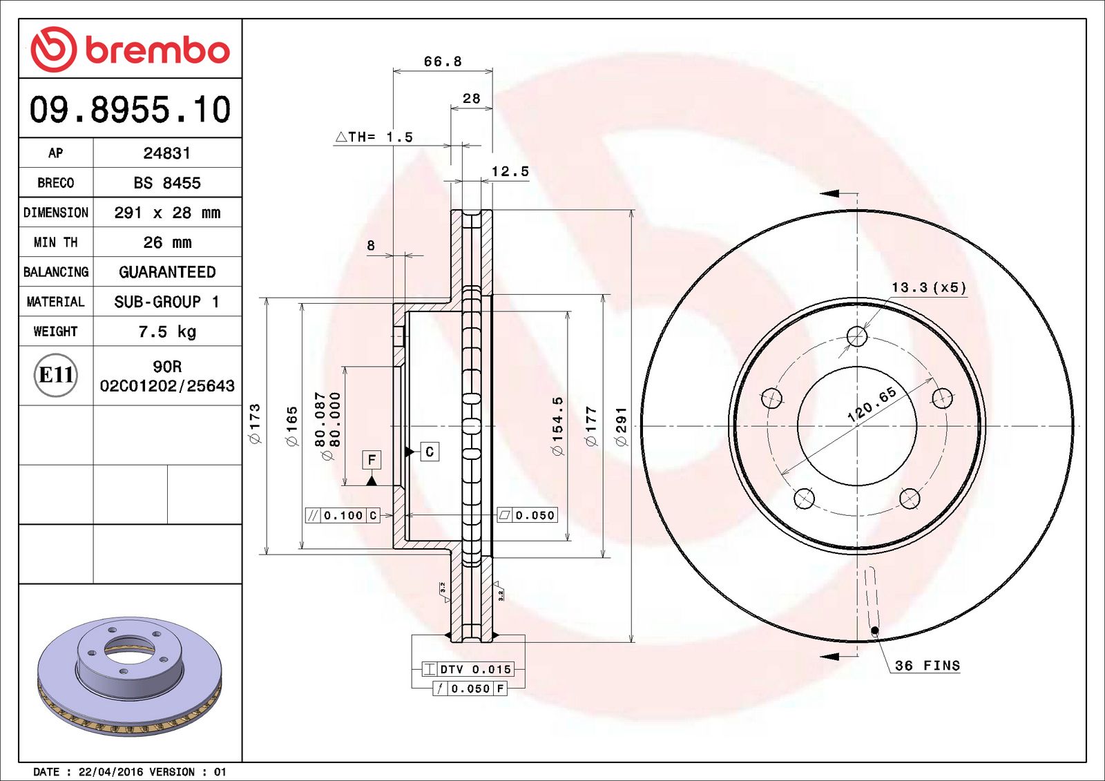 PRIME Front Disc Brake Rotor - 09.8955.10_06