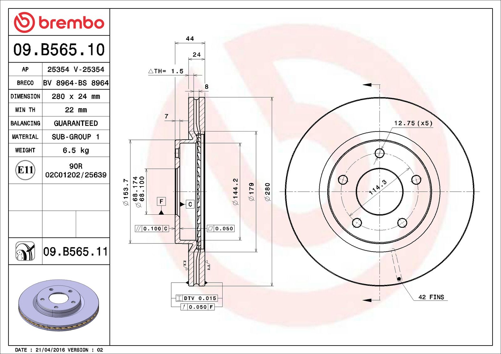 PRIME Front Disc Brake Rotor - 09.B565.10_02