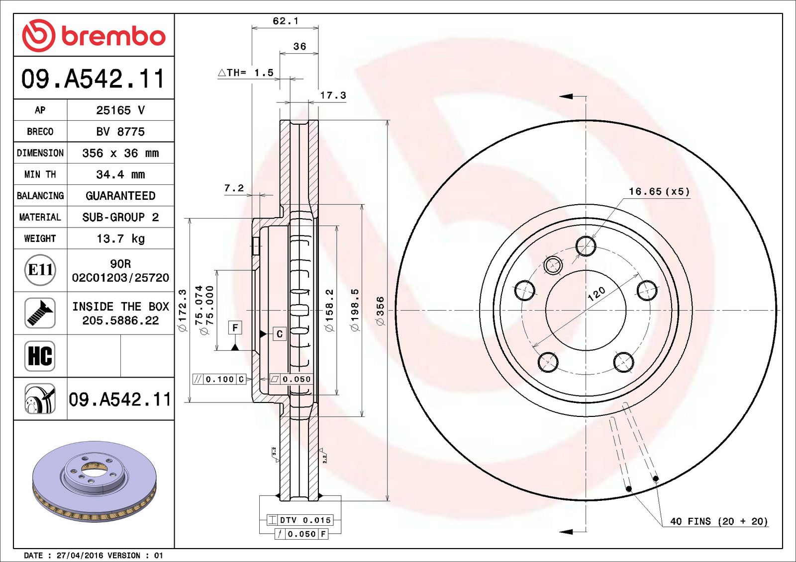 PRIME UV Coated Front Disc Brake Rotor - 09.A542.11_06