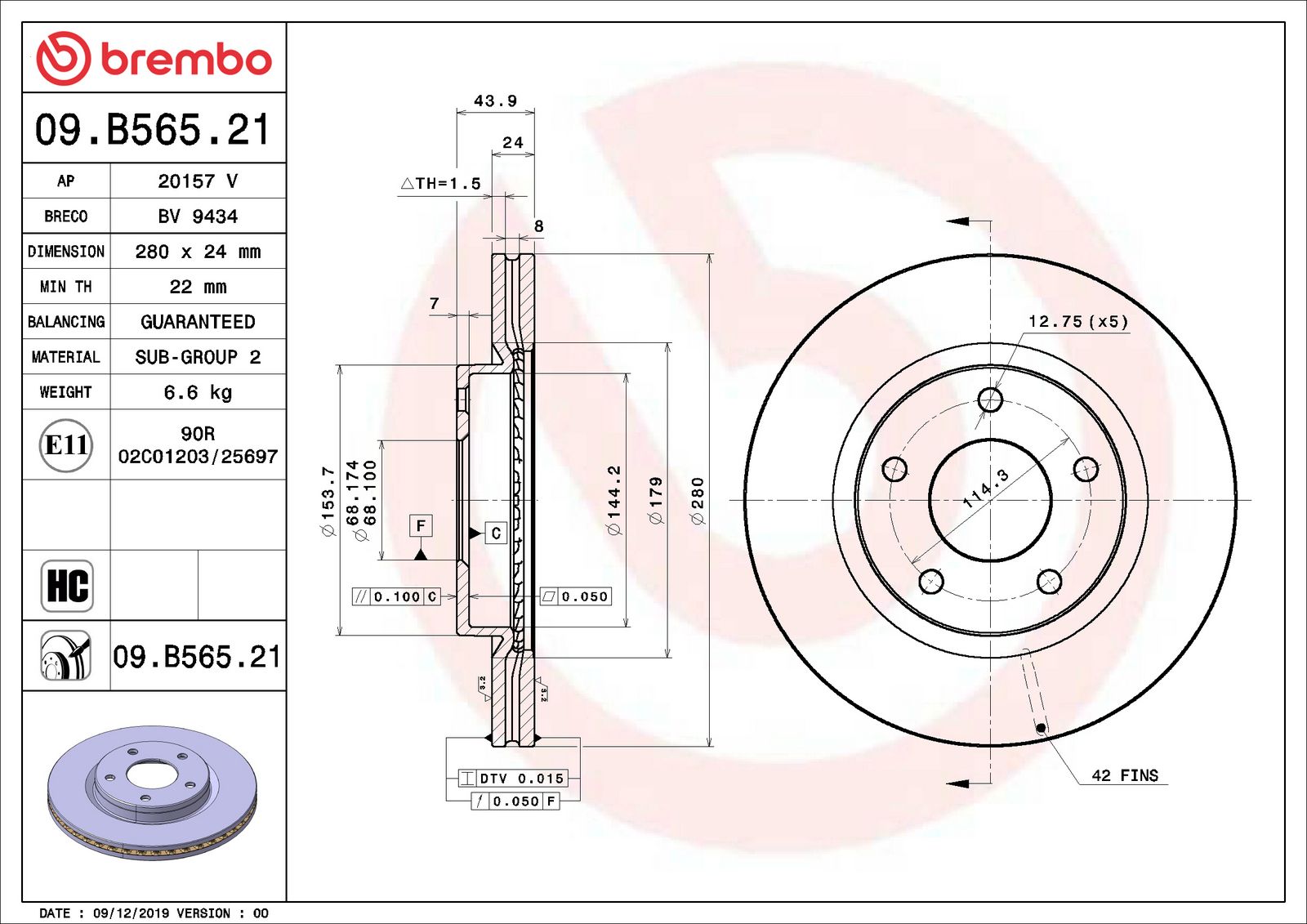 PRIME UV Coated Front Disc Brake Rotor - 09.B565.21_01