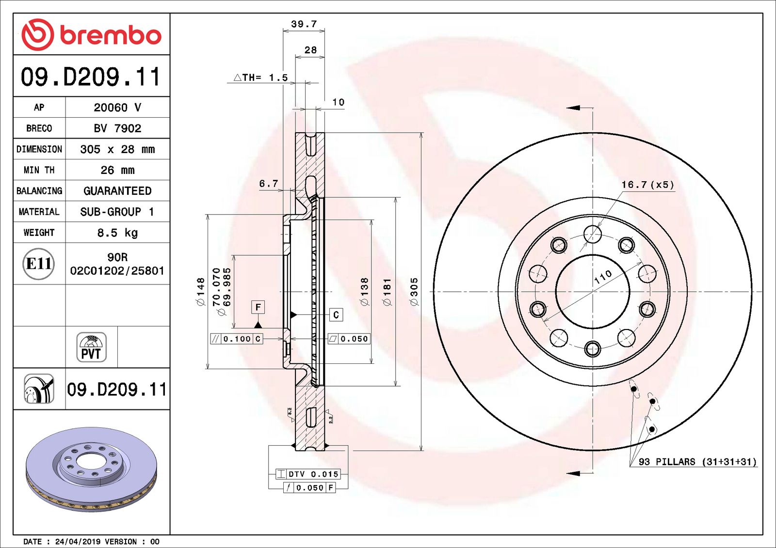 PRIME UV Coated Front Disc Brake Rotor - 09.D209.11_01