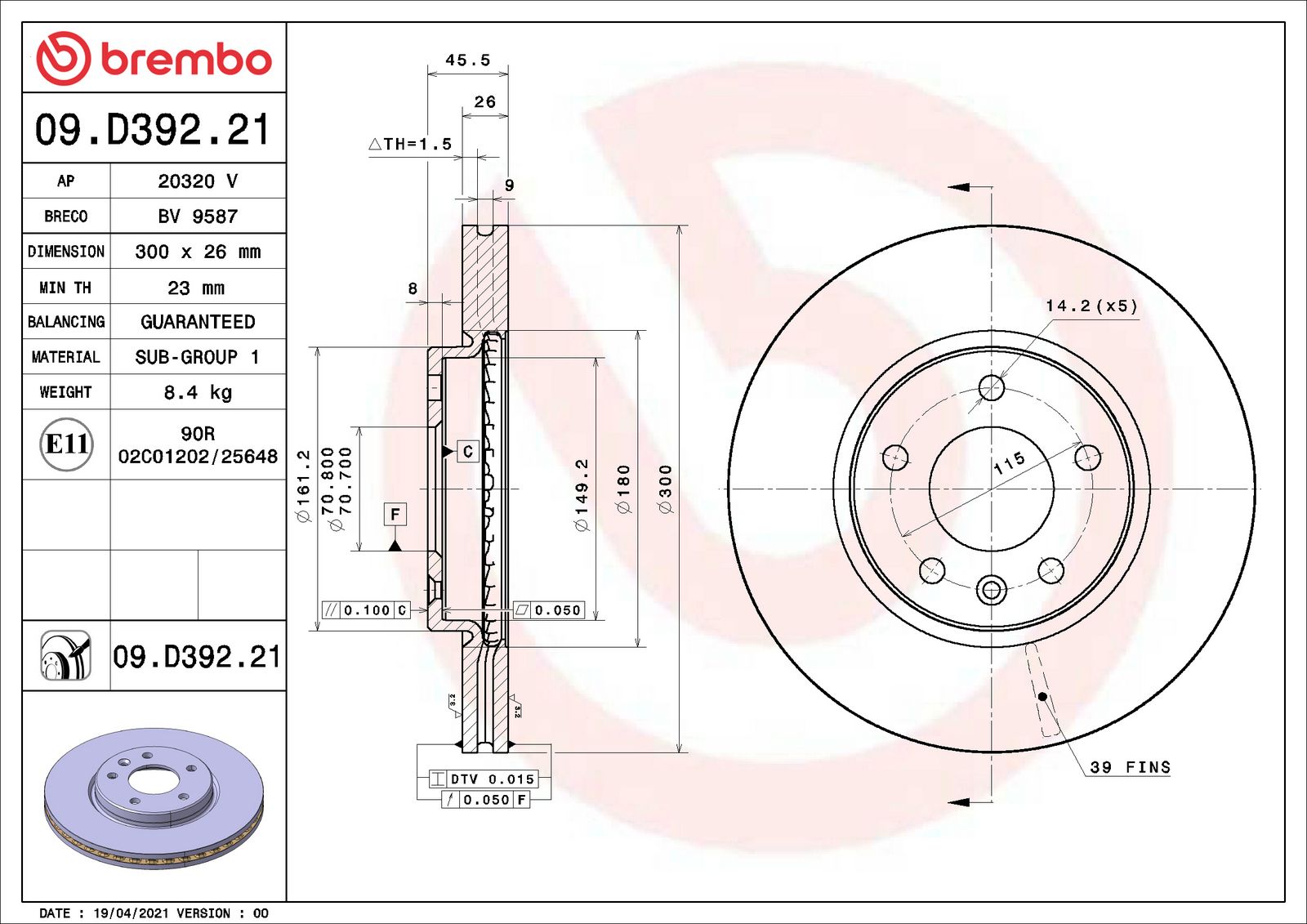 PRIME UV Coated Front Disc Brake Rotor - 09.D392.21_01