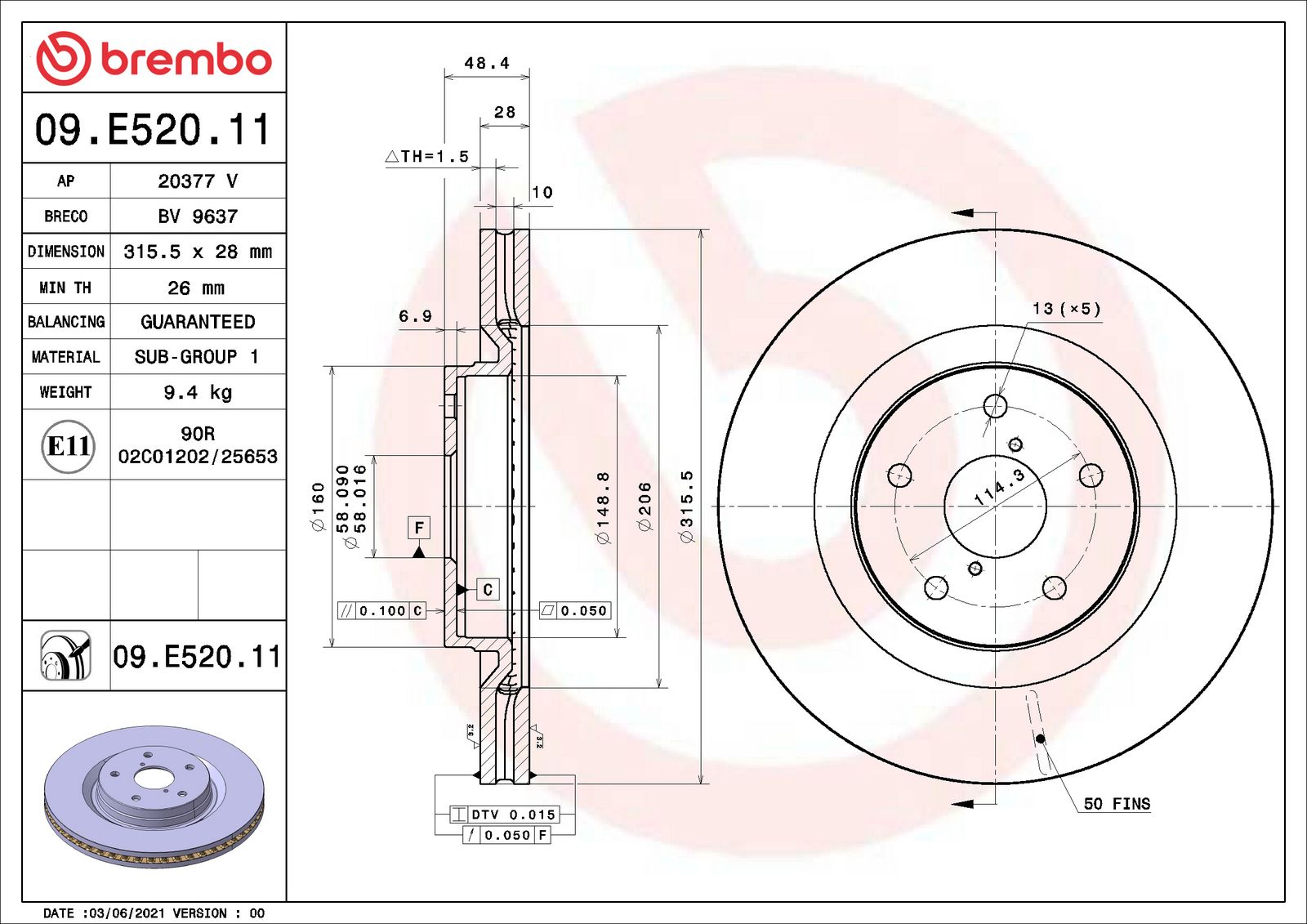 PRIME UV Coated Front Disc Brake Rotor - 09.E520.11_01