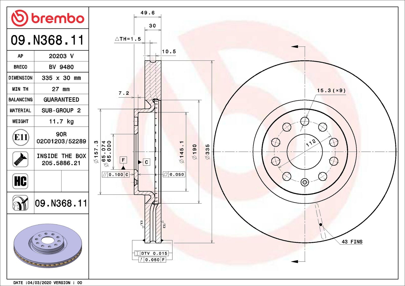 PRIME UV Coated Front Disc Brake Rotor - 09.N368.11_01