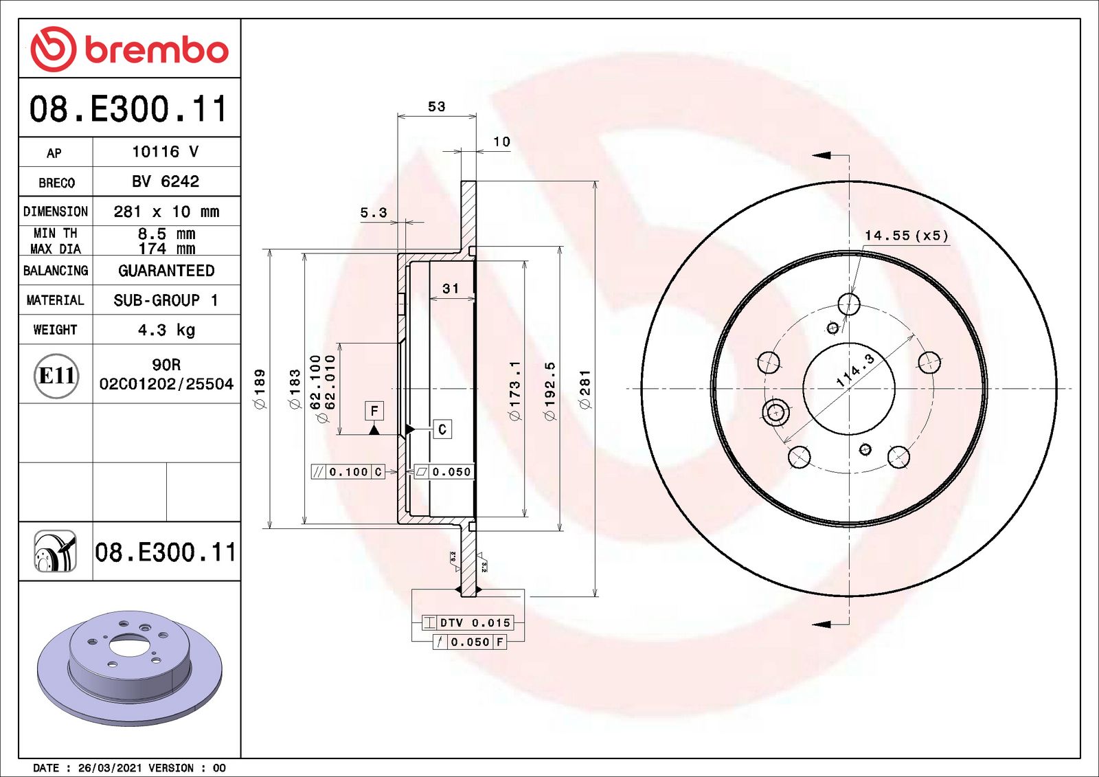 PRIME UV Coated Rear Disc Brake Rotor - 08.E300.11_01