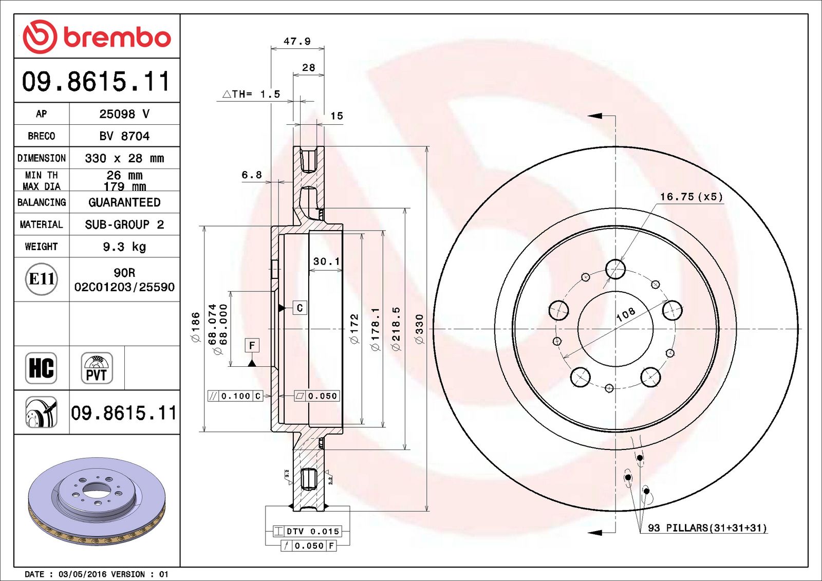 PRIME UV Coated Rear Disc Brake Rotor - 09.8615.11_06