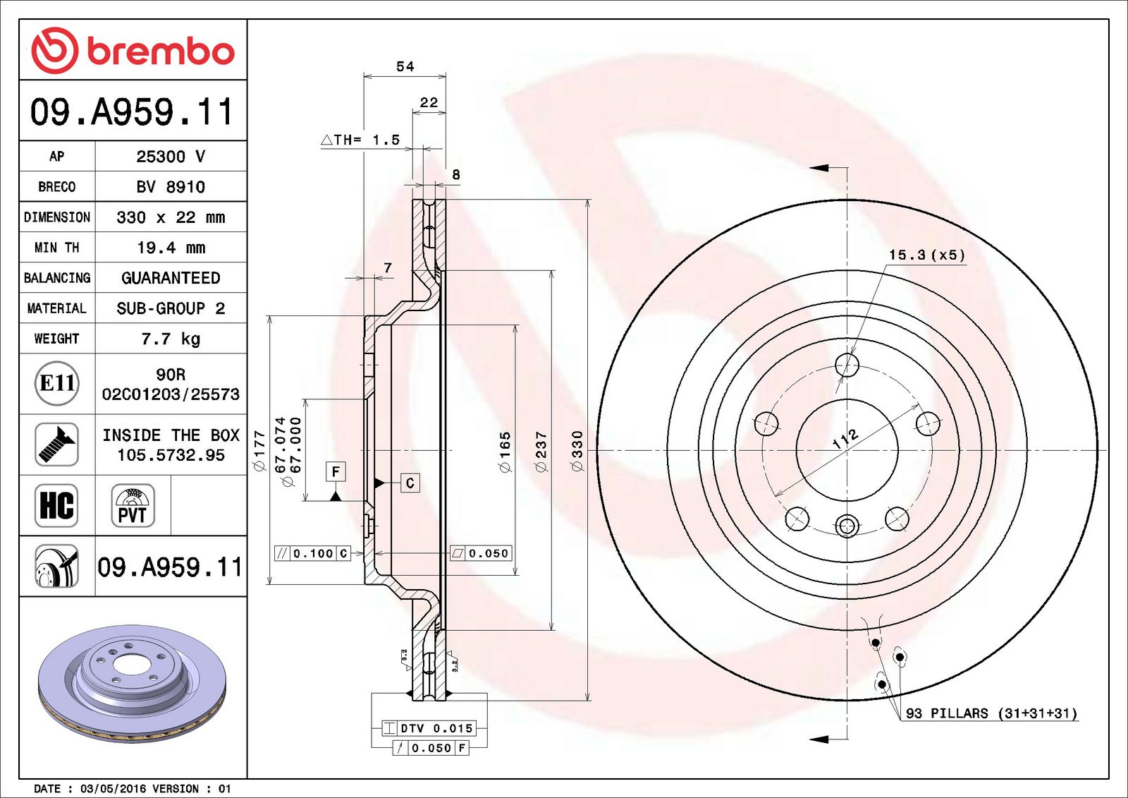 PRIME UV Coated Rear Disc Brake Rotor - 09.A959.11_06