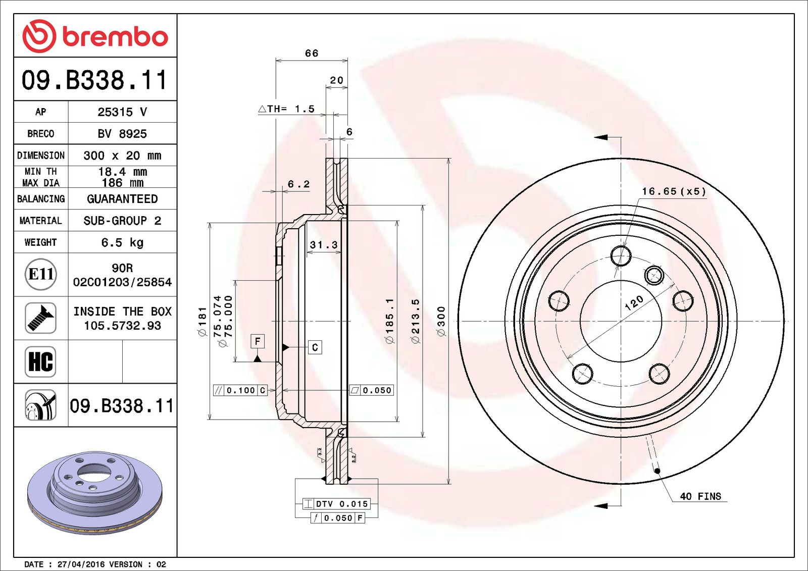 PRIME UV Coated Rear Disc Brake Rotor - 09.B338.11_07