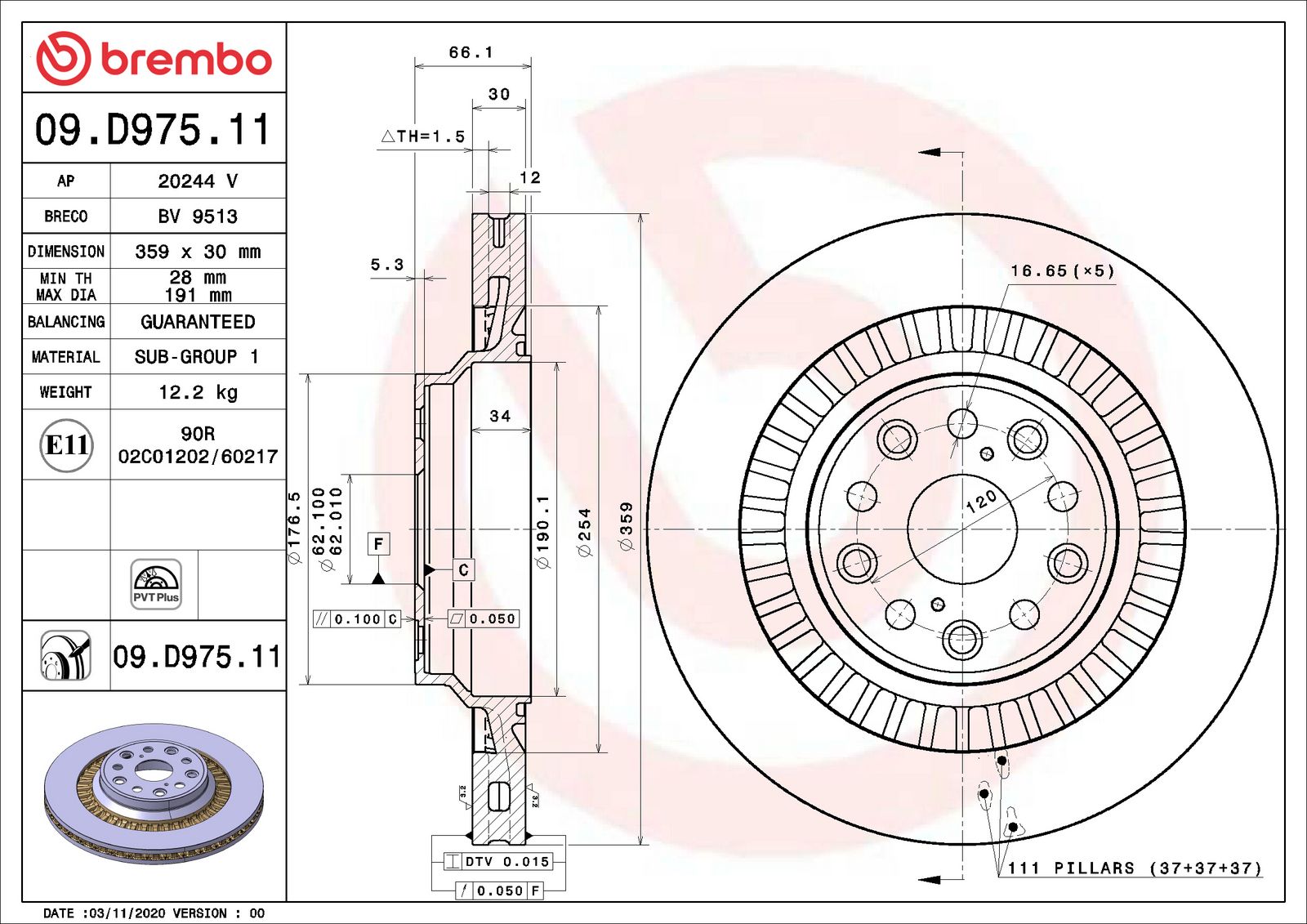 PRIME UV Coated Rear Disc Brake Rotor - 09.D975.11_01