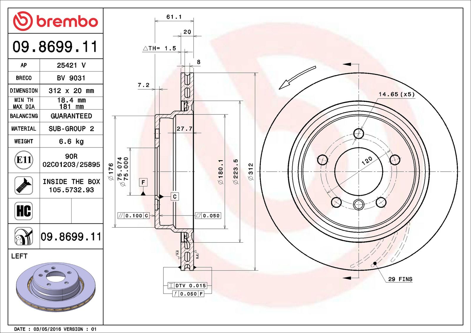 PRIME UV Coated Rear Left Disc Brake Rotor - 09.8699.11_06