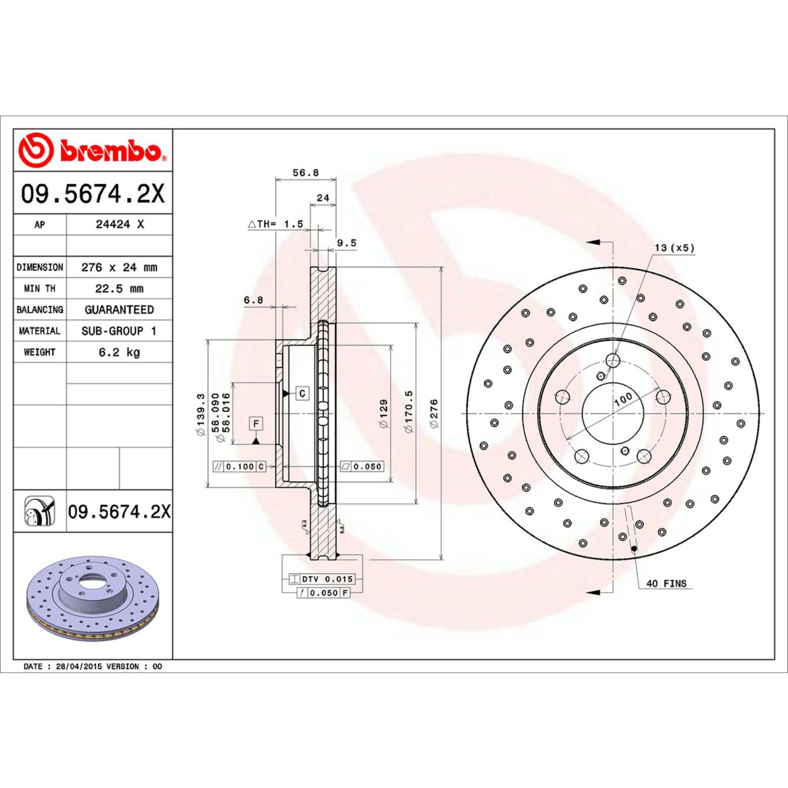 XTRA Drilled Front Disc Brake Rotor - 09.5674.2X_06