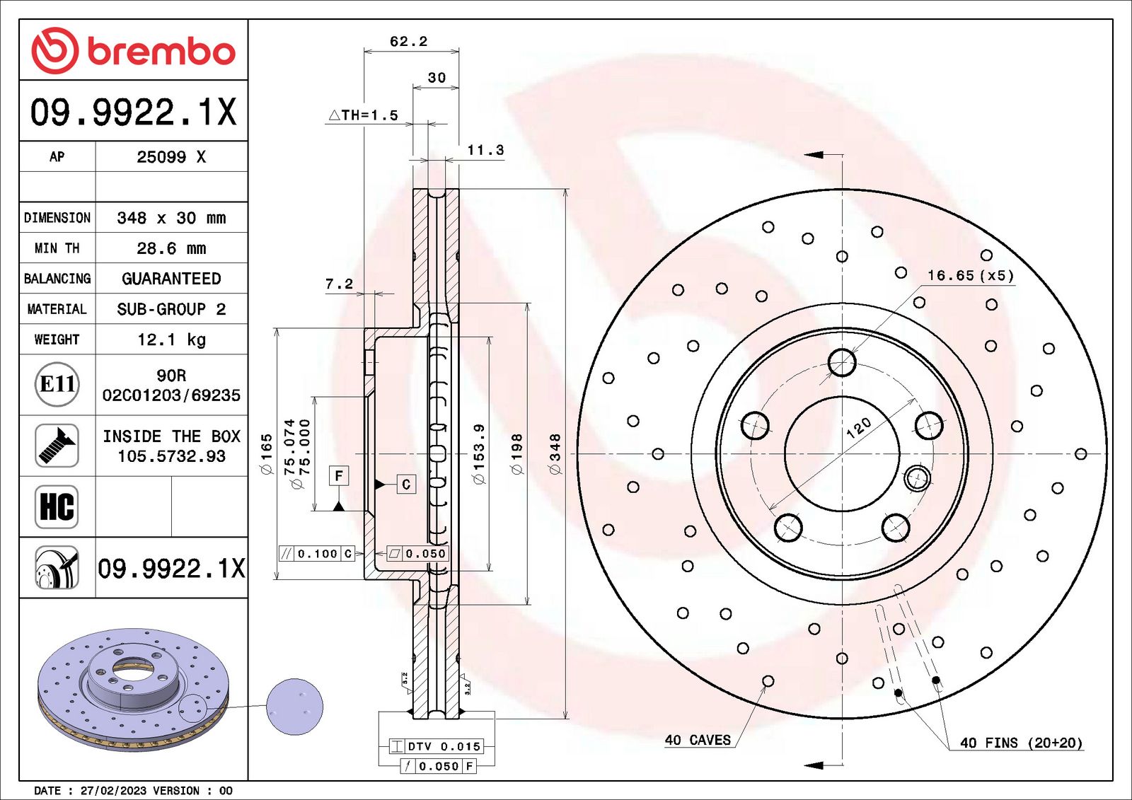 XTRA Drilled Front Disc Brake Rotor - 09.9922.1X_01