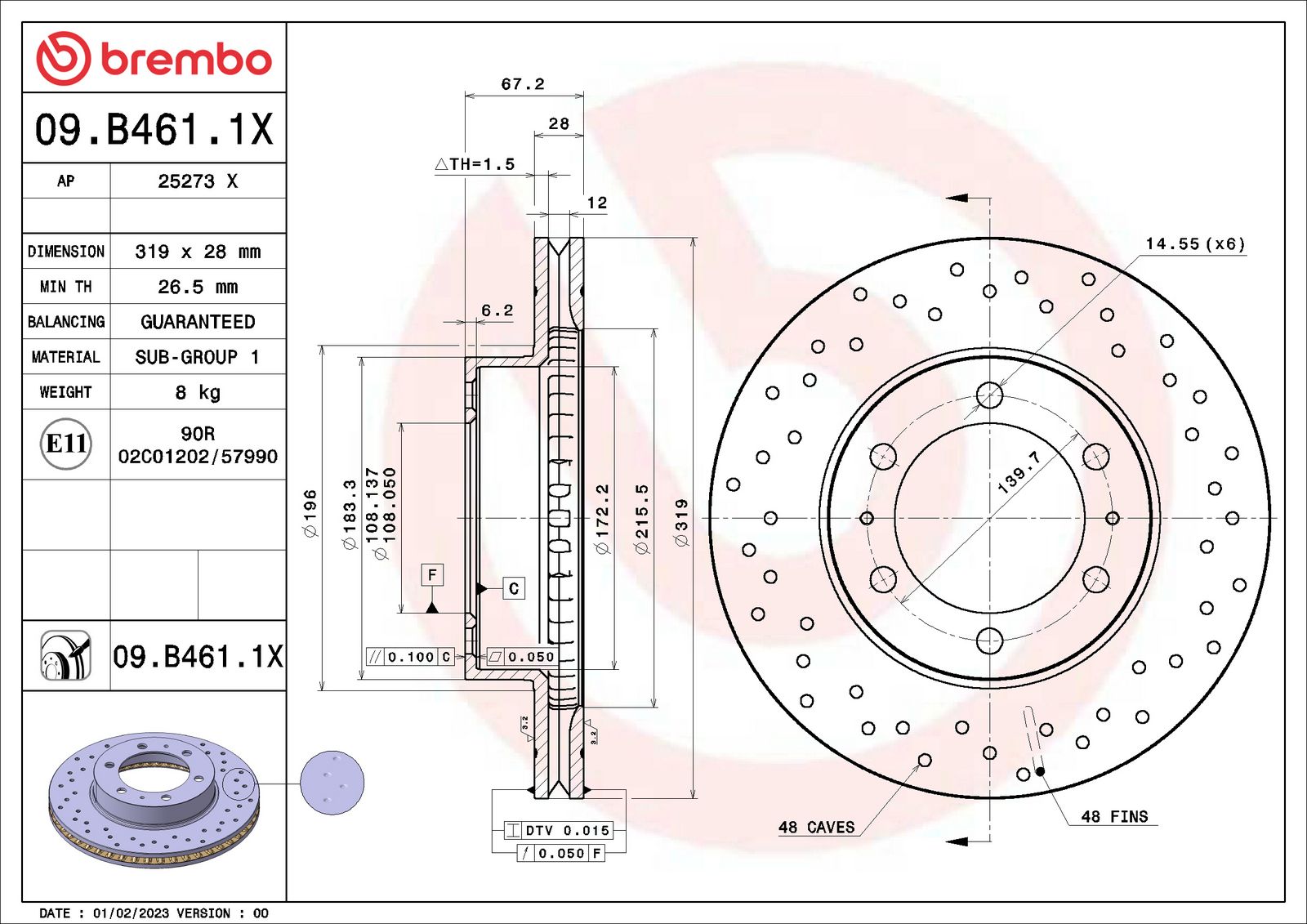 XTRA Drilled Front Disc Brake Rotor - 09.B461.1X_01