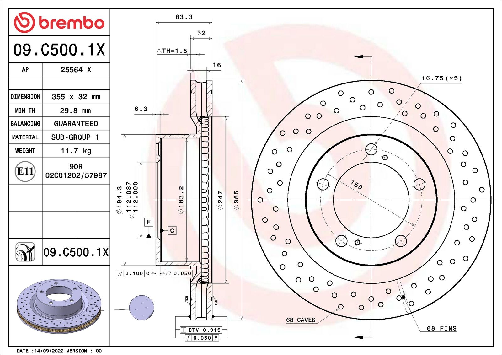 XTRA Drilled Front Disc Brake Rotor - 09.C500.1X_01