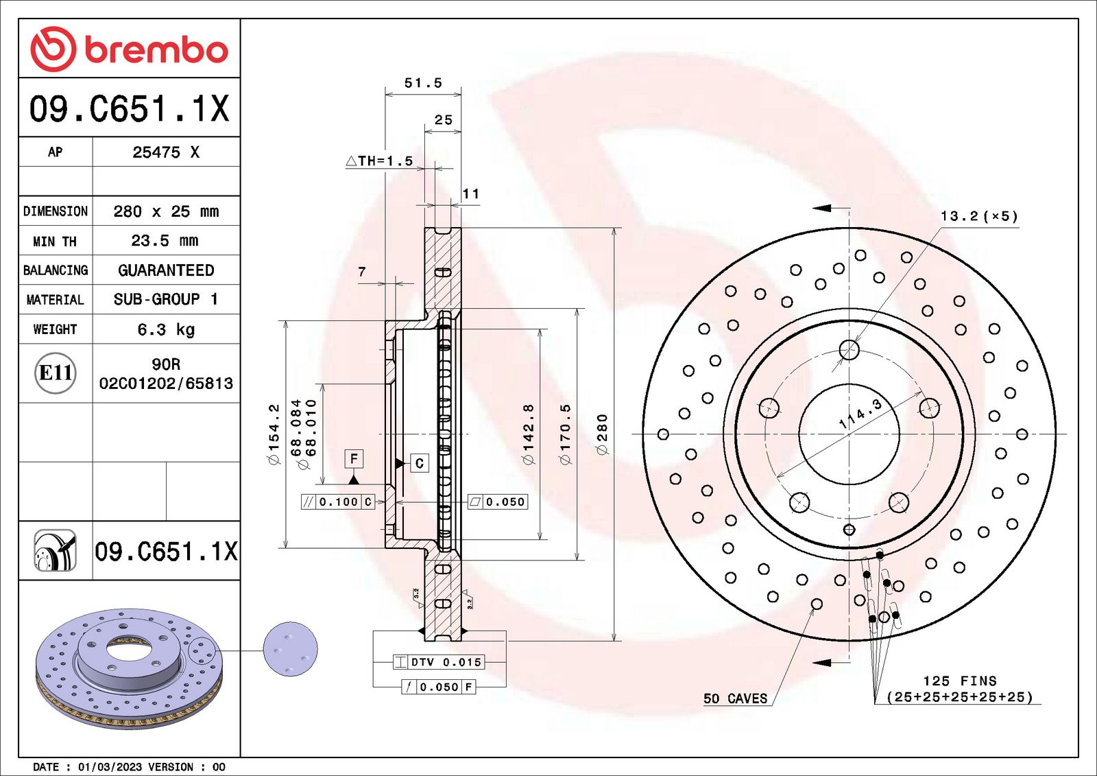 XTRA Drilled Front Disc Brake Rotor - 09.C651.1X_01