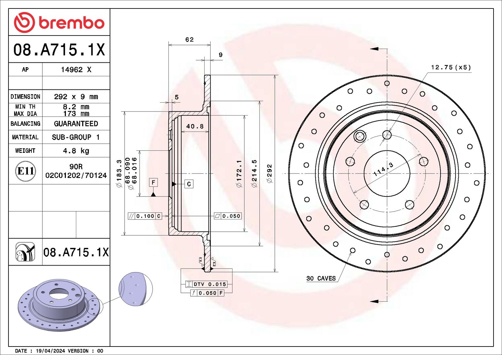 XTRA Drilled Rear Disc Brake Rotor - 08.A715.1X_01