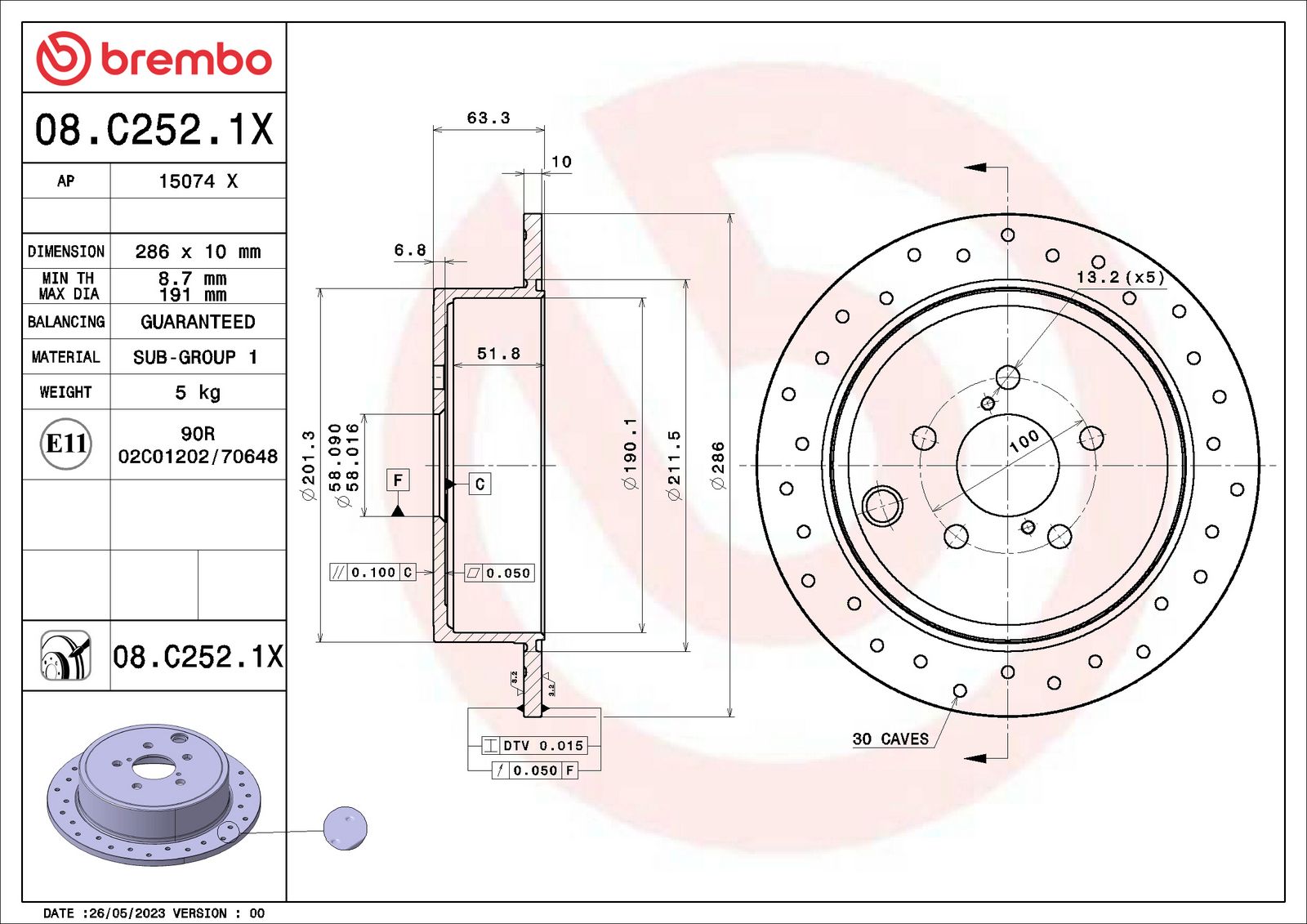 XTRA Drilled Rear Disc Brake Rotor - 08.C252.1X_01